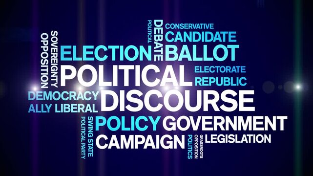 Political Discourse animated word cloud-text design animation tag kinetic typography seamless loop.