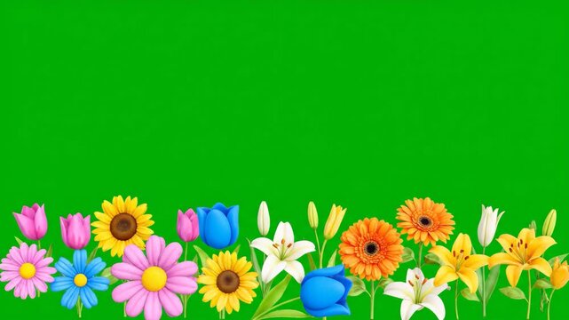 A vibrant and colorful border of assorted spring flowers against a bright green background, perfect for design projects and nature-themed content