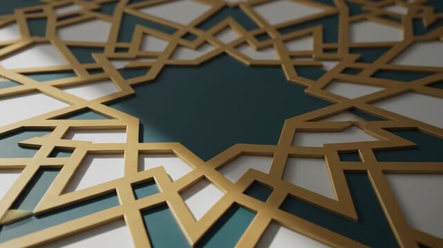 Intricate Golden Islamic Geometric Pattern on Teal and White Background with Soft Lighting and Shadows Creating Depth