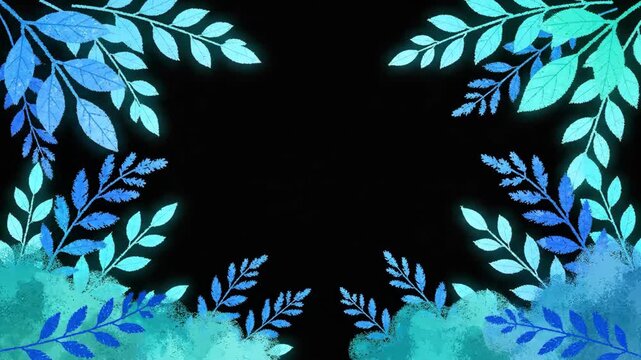 Elegant Blue and Teal Leafy Border on a Black Background, Ideal for Invitations and Designs