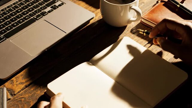 Warm Light Illuminates Laptop Coffee Mug Notebook and Pens on a Rustic Wooden Desk Creating an Inviting Workspace Atmosphere