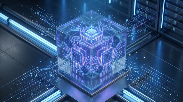 Glowing futuristic quantum processor encased in a transparent cube surrounded by flowing digital data streams in a server room environment.