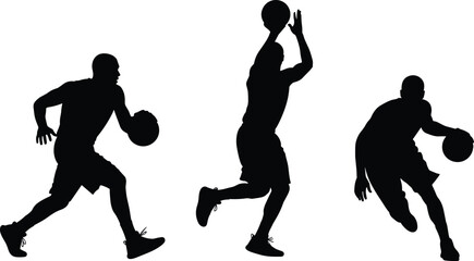 Basketball players silhouettes dynamic action poses, black and white sports illustration, athletes dribbling shooting artwork, competitive game motion drawing © MD
