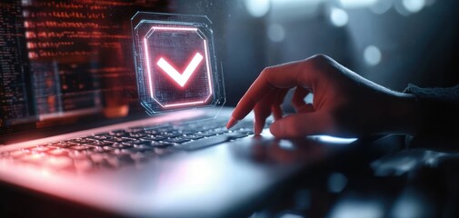 Obraz premium Hand typing on a laptop with a glowing holographic checkmark in a dark futuristic digital interface, conveying focus and verification