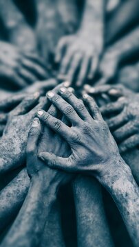 Multiple hands covered in mud are stacked together, symbolizing unity, teamwork, and solidarity.