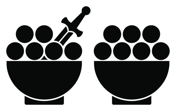 Two bowls of black balls, one with a sword sticking out