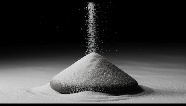 minimalist zen white sand pouring creating perfect cone shape on smooth dark stone