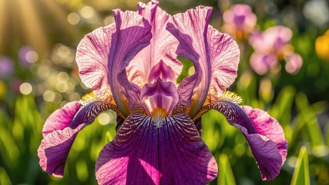 Close-up of a vibrant purple iris flower in a garden with warm sunlight and soft focus background