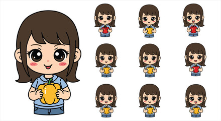 Obraz premium Cute Girl Character Emote Sticker Set, Kawaii Cartoon Girl Emoji Pack, Funny Reaction Icons Vector