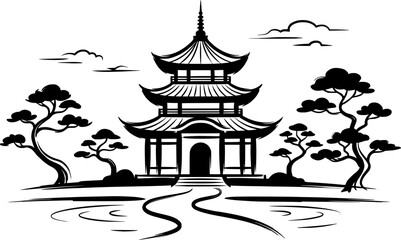 Fototapeta premium Minimalist Sumi-e Illustration: Heritage Monument with Serene La 