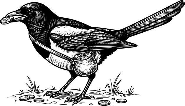 Magpie bandit illustration in vintage engraving style with a sac
