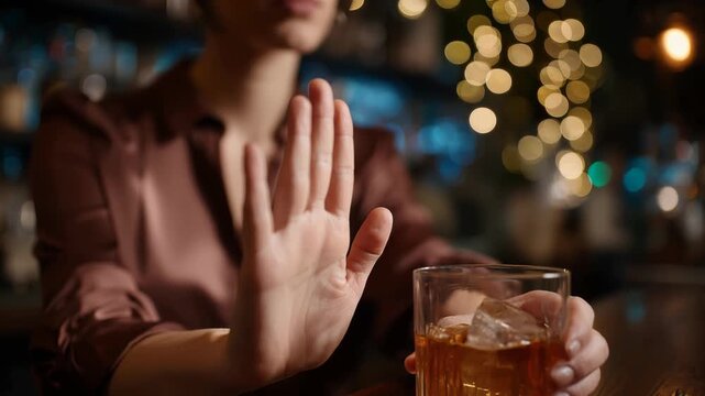 Woman refuses alcohol at bar with bokeh lights, making stop gesture