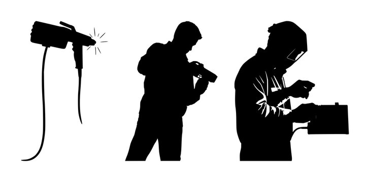 Solid black silhouette set with a person using a handheld laser welder on white background featuring industrial trade, precision craft, laser welding with safety gear and technical illustration