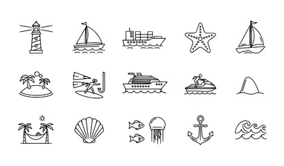 Minimalist thin line sea and nautical icon set with lighthouse boat sail island and marine animals isolated on white background © Lipi