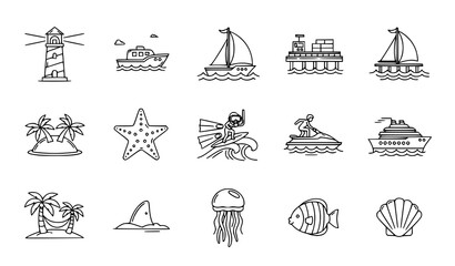 Cute thin line ocean and beach icon set with lighthouse boat sail island starfish and marine life isolated on white background © Lipi