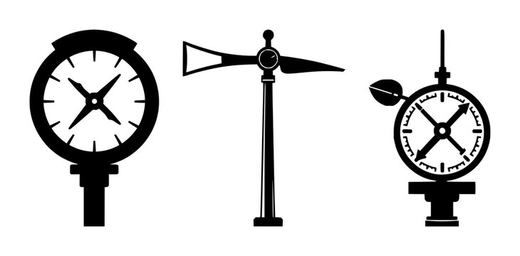 Anemometer set with flat vector icon of a wind gauge featuring bold outlines, solid black, white background with weather symbol and anemometer illustration
