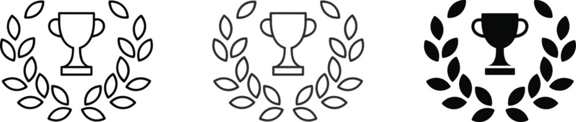 Three icons of a trophy surrounded by laurel leaves in outline and solid styles Keywords: icon, trophy, cup, award, winner