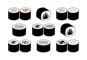 Collection of stylized sushi rolls with various toppings and © Khalek