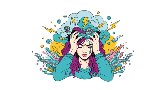 Stressed woman holds her head in pain while chaotic clouds of lightning and storm symbols represent a severe headache or mental pressure.