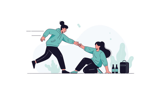 Helpful person in a green hoodie reaches out a hand to assist someone who has fallen down on the ground with their luggage.