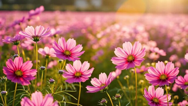 Vibrant pink cosmos flowers blooming in a sun-drenched field, capturing the essence of natural beauty and the gentle warmth of a summer day