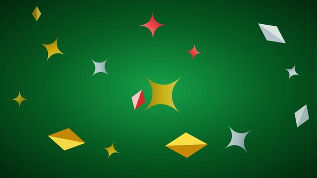 Mesmerizing celebratory motion graphic featuring an endless cascade of glistening golden stars, vibrant red diamonds, and luminous silver geometric