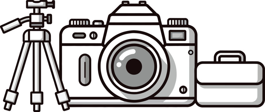 Camera, photography equipment, tripod, suitcase, vector icons