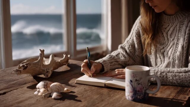 Woman writing in journal by window with ocean view, cozy atmosphere