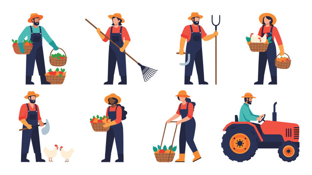 Set of hard-working farm employees performing various agricultural tasks such as harvesting, raking, and driving a red tractor.