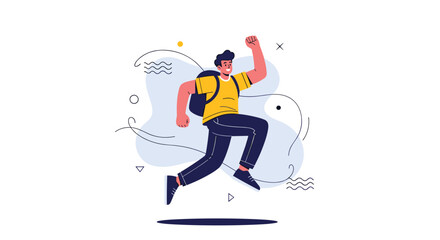 Fototapeta premium Excited man with a backpack jumping high in the air with his fist raised in a gesture of success against an abstract blue backdrop.