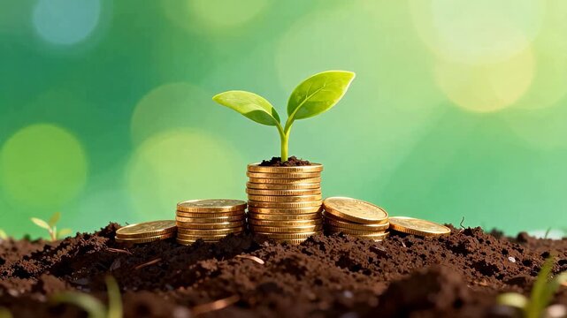 Plant growing from stacked coins