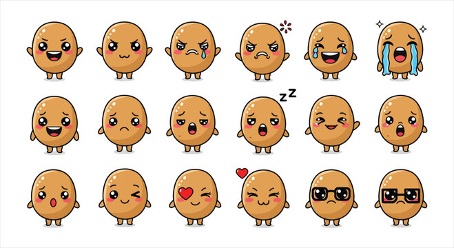 Cute Potato Character Emote Sticker Set, Kawaii Vegetable Mascot Emoji Pack, Cartoon Funny Food Reaction Icons Vector