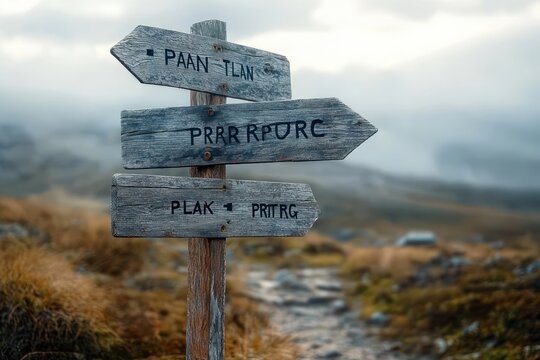 weathered wooden signpost with three directional arrow boards on a foggy moorland trail, misty distant hills and a lonely path evoking solitude and uncertain exploration