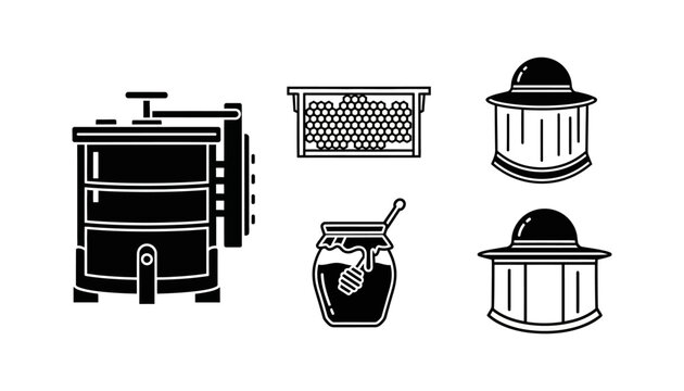 Vector set of essential beekeeping equipment, featuring a honey extractor, a honeycomb frame, protective bee veils, and a sweet jar of natural honey