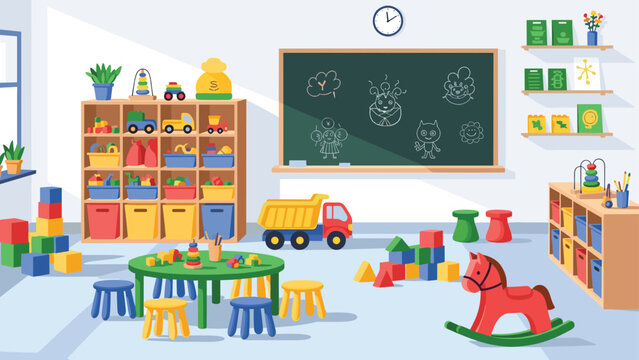 Brightly colored interior of a preschool classroom filled with toys, a chalkboard, small chairs, and educational learning materials.
