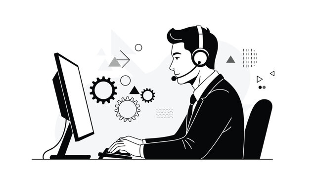 Professional male customer support representative wears a headset and works at a computer in a stylized black and white illustration.
