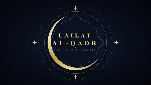 A captivating golden crescent moon with geometric lines and Lailat al-Qadr text, celebrating the sacred Night of Decree in an elegant loop animation