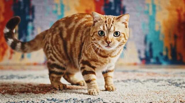 Captivating Domestic Feline with Striped Orange Coat Standing on Textured Carpet Indoors Looking Forward