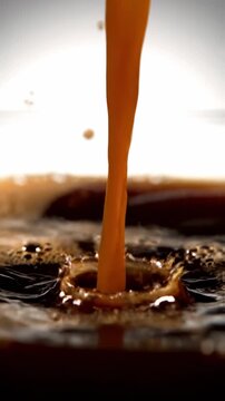 Dark Coffee Pouring Into A Glass Creating Bubbles And Splashes Macro Shot Studio Lighting