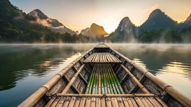 Tranquil bamboo boat ride on a misty lake at sunrise with beautiful mountains in the background creating peaceful atmosphere
