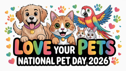 Obraz premium Colorful pets celebrate national pet day 2026 with dog cat parrot and kittens