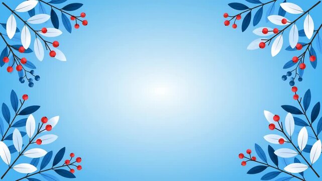 Winter festive border with blue and red berries on a light blue gradient background