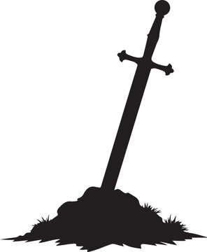 Black silhouette of a medieval sword stuck in a mound of earth