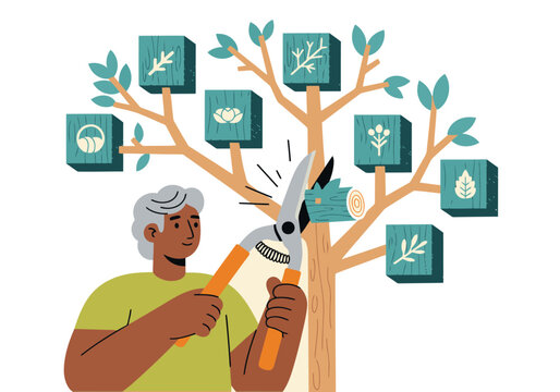 A man trims branches on a tree with pruning shears. A stylized illustration showcases garden loppers and tree care. Modern, vibrant, and informative.