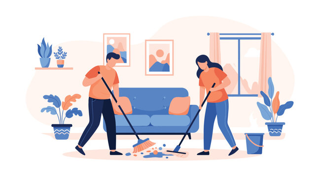 Man and woman work together to clean their living room using a broom and a mop to keep their home tidy and organized.