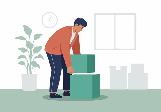 A young man struggles to lift heavy boxes at his workplace, highlighting the importance of safe lifting practices. Clear, modern illustration.
