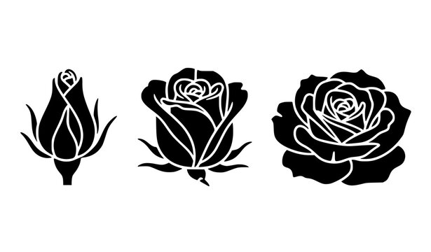 Rose Flower Stencil Icon Set Blooming Rose and Rosebud Vector Design