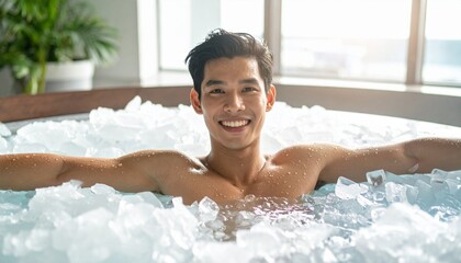 A man relaxing in a cold bath filled with ice, exuding a sense of rejuvenation and wellness