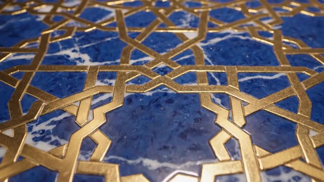 Intricate Golden Geometric Pattern on Deep Blue Marble Surface with White Veins Close Up