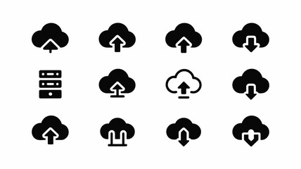 Fototapeta premium Minimalist cloud storage icons set with upload download symbols